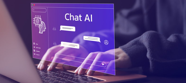 Person typing on a laptop with a digital overlay displaying a 'Chat AI' interface, including chatbot messages and an AI icon.