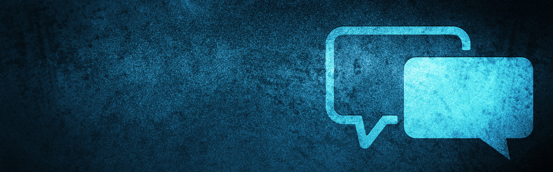two blue speech bubble icons on a textured dark blue background representing communication or testimonials