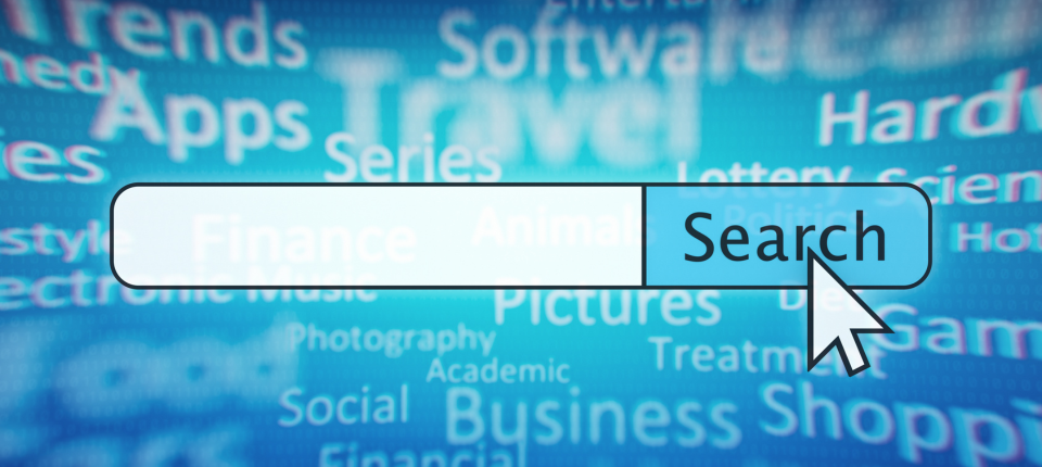 Digital graphic showing a search bar with the word search highlighted and a large cursor clicking on it background filled with blurred words like finance travel apps software social business and pictures in various sizes