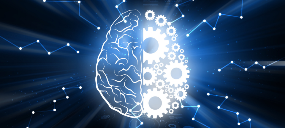 Digital illustration of a brain with the left side as neural lines and the right side as gears on a glowing blue background with connecting nodes