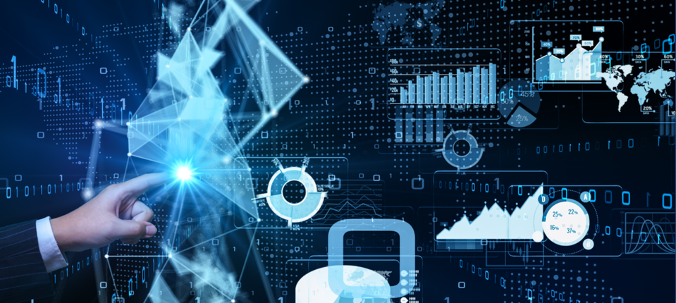 Business professional touching a digital interface with data charts and analytics graphics representing an AI audit.