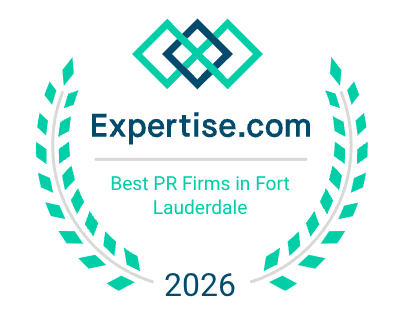 Expertise.com 2026 award badge recognizing one of the best PR firms in Fort Lauderdale featuring teal laurel graphics and public relations industry recognition